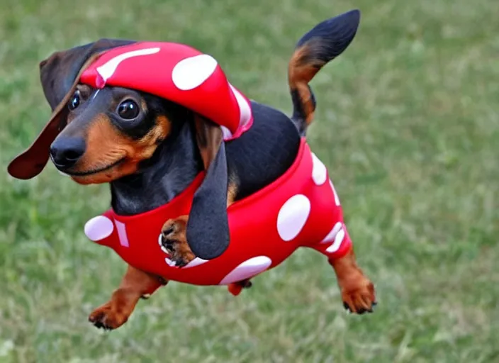 Image similar to Dachshund skydiving while dressed in a hotdog costume