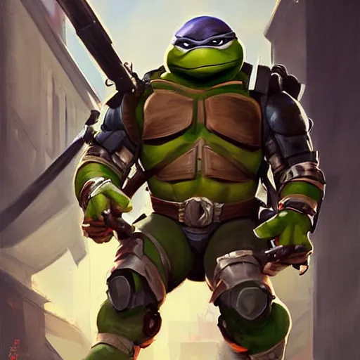 Image similar to greg manchess portrait painting of armored teenage mutant ninja turtles as overwatch character, medium shot, asymmetrical, profile picture, organic painting, sunny day, matte painting, bold shapes, hard edges, street art, trending on artstation, by huang guangjian and gil elvgren and sachin teng