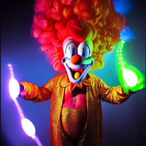 Prompt: uhd candid photo of cosmic krusty the clown, glowing, global illumination, studio lighting, radiant light, detailed, correct face, elaborate intricate costume. photo by annie leibowitz