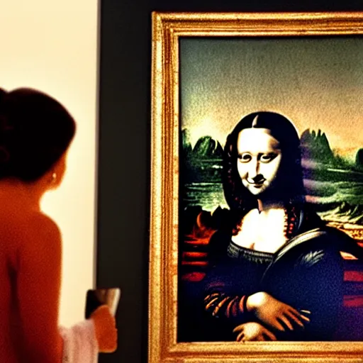 Image similar to an photo of monalisa watching her self in her monalisa painting