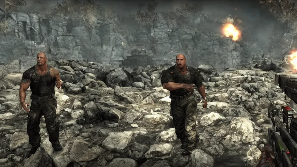 Image similar to dwayne the rock johnson, dwayne the rock johnson in the call of duty zombies map tranzit, black ops 2 tranzit, screenshot