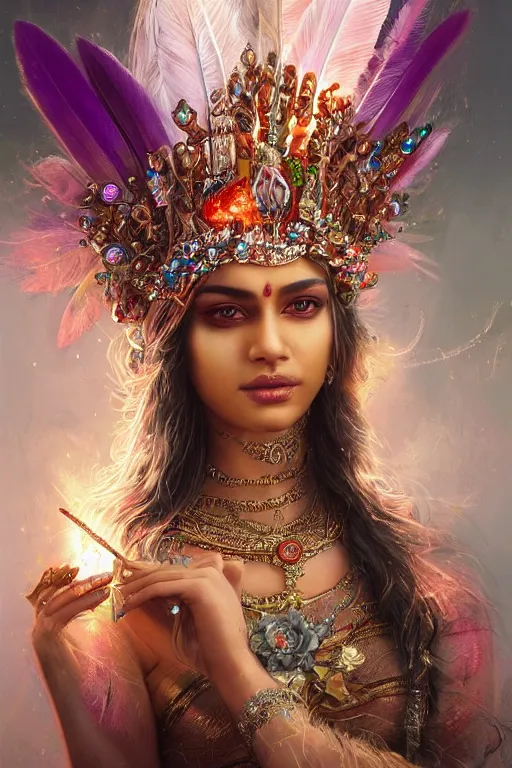 Image similar to beautiful indian model wearing crystal crown full of jewels and feathers, warhammer, cyberpunk, 3 d render, hyper realistic detailed portrait, holding magic flowers, scifi, fantasy, hyper detailed, octane render, concept art, peter mohrbacher, artgerm, ruan jia, wlop