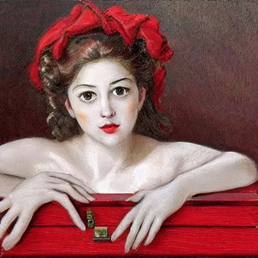 Image similar to - i full - bodied beautiful girl dead in a red coffin wood box, aristocrat