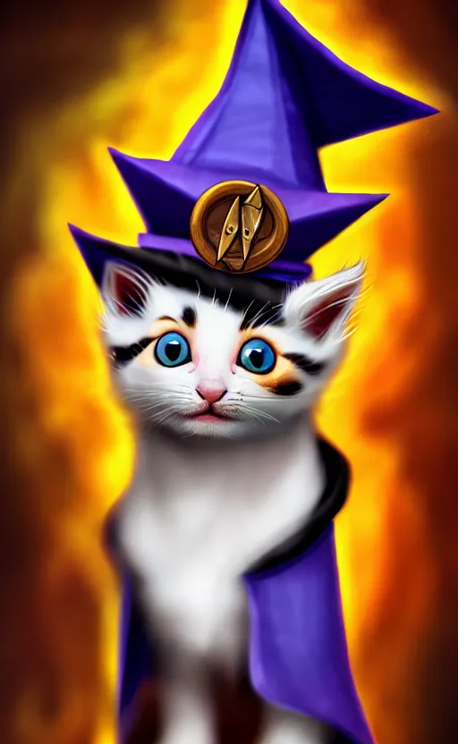 Prompt: a kitten wearing wizard robes and wizard hat, dungeons and dragons character art, dnd, character reveal, magic, posing, noble, full body portrait, high resolution, detailed, inspiring, award - winning, clear, crisp, sharp