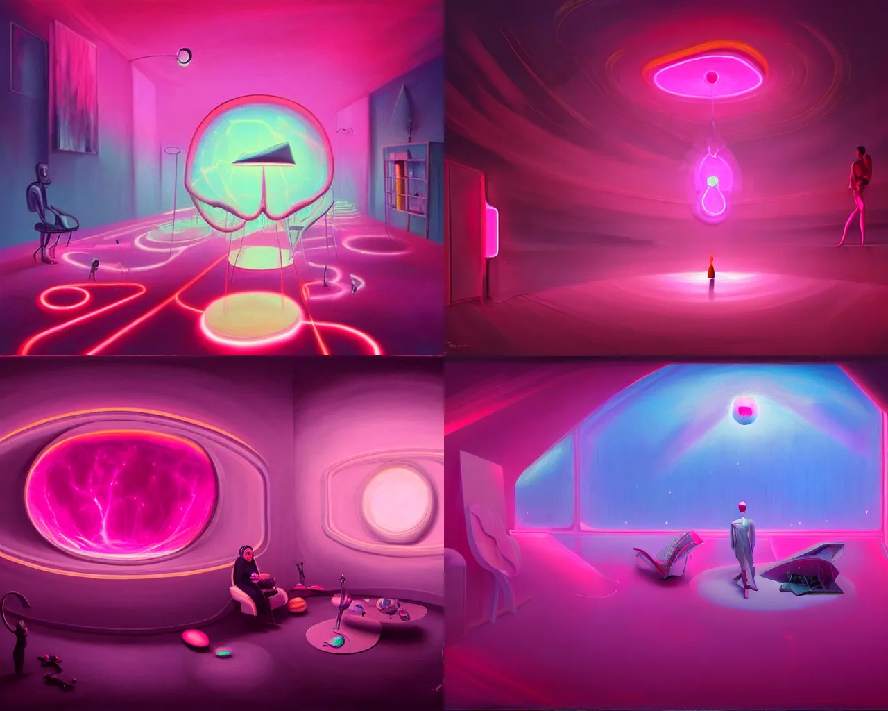 Prompt: A surreal surrealist painting with an infinite universe inside a pink neon-lit room, surreal surrealism, conceptartworld