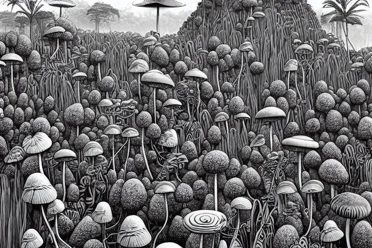 Prompt: surreal thin line art by ricardo bofill!!, a lot of jungle flowers and plants + poison toxic mushrooms surrounded by cables + long grass + garden dwarf + big stones!!! + mystic fog, 5 0's vintage sci - fi style, line art, 8 k, super detailed, high quality, top view