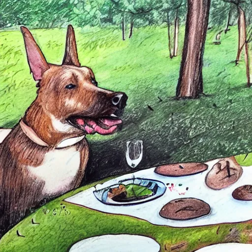 Image similar to un perro en el bosque comiendo en un cuenco, estilo dibujo