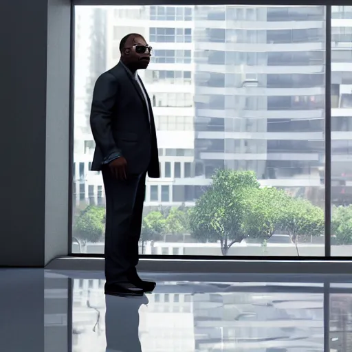 Prompt: LeVar Burton wearing sunglasses and a dark suit, holding a laptop, medium shot, standing in lobby of office building, style of GTA V, octane render