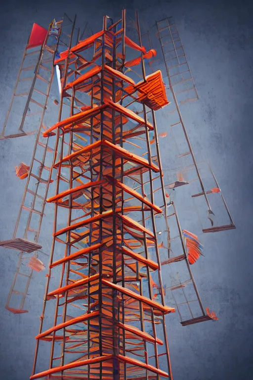 Image similar to elaborate surreal upside-down tower of bookshelves and ladders coming down from the skies, concept art, red and orange coloring, 4k