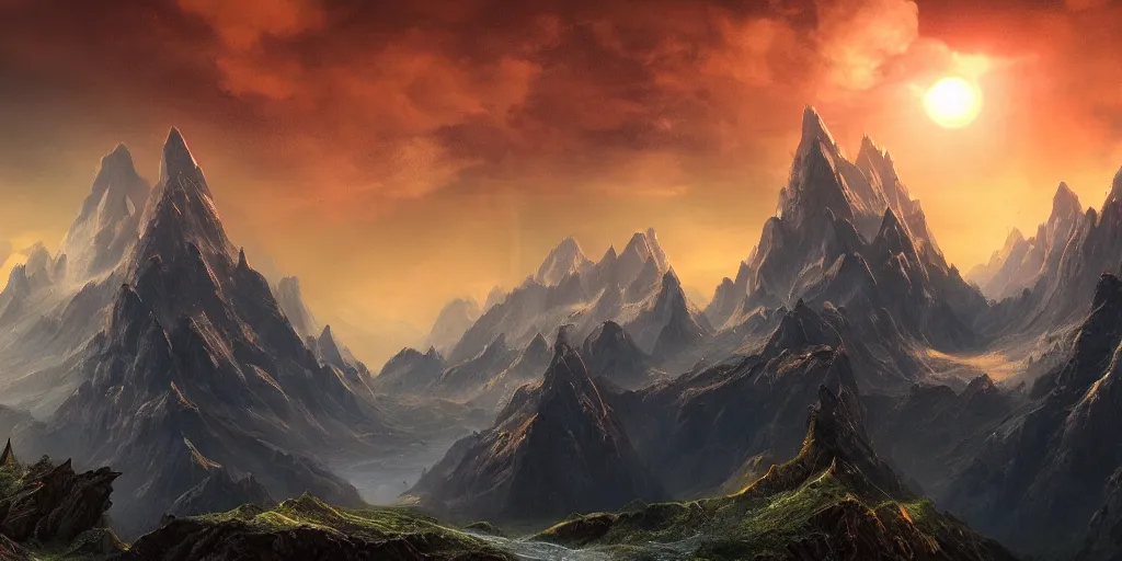 Image similar to beautiful matte painting of a fantasy mountains