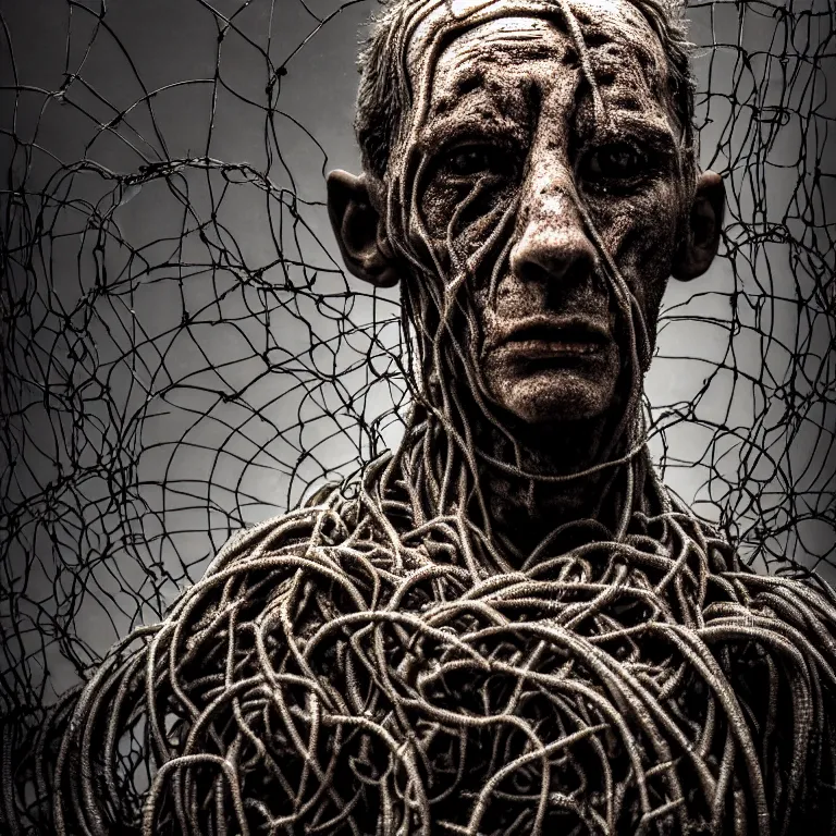 Prompt: still life of ribbed closeup face man portrait, covered with roots, wires, tubes, standing in a desolate empty wasteland, creepy, nightmare, dream-like heavy atmosphere, surreal abandoned buildings, baroque painting, beautiful detailed intricate insanely detailed octane render trending on Artstation, 8K artistic photography, photorealistic, chiaroscuro, Raphael, Caravaggio, Beksinski, Giger