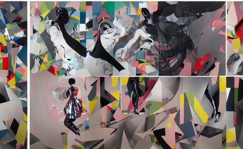 Image similar to decollage painting of a balenciaga campaign struggling in a ruined city by adrian ghenie and takato yamamoto and edward hopper and mark ryden and tsutomu nihei, part by bridget riley, acrylic pour and splashing paint, very coherent, baroque elements, perfect anatomy, intricate design. pop art.