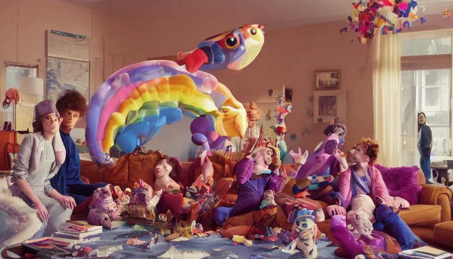 Image similar to movie still by alejandro jodorowsky of a beautiful day in a family living room in suburban usa, visible magic energy, dream magic creature costumes, floating planets, flying gold fish, parade floats, cinestill 8 0 0 t eastmancolor technicolor, high quality, very detailed, heavy grain, fine facial features, 8 k, octane render