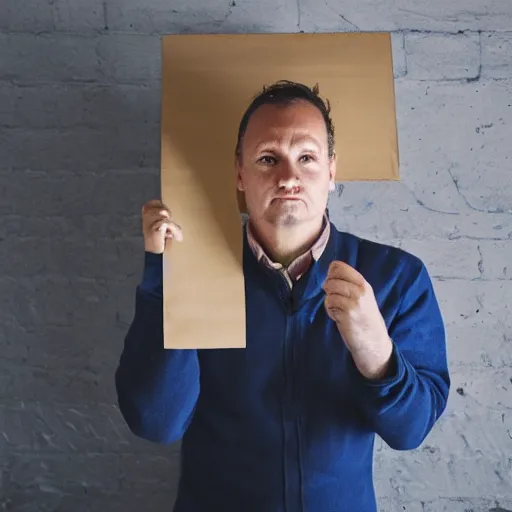 Prompt: man holding a sign that says “ floppa ”, studio light