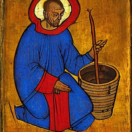 Image similar to medieval painting of a monk next to a barrel