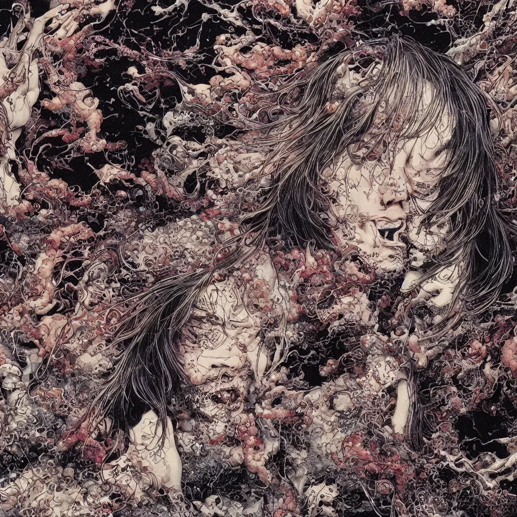 Image similar to closeup of face melting, by yoichi hatakenaka, masamune shirow, josan gonzales and dan mumford, ayami kojima, takato yamamoto