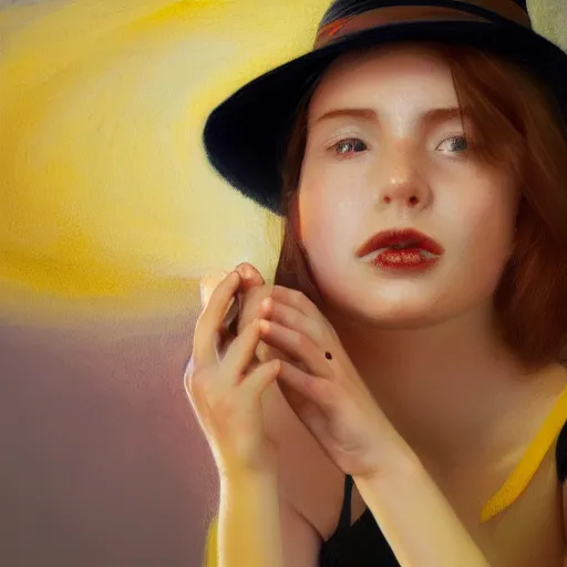 Image similar to a girl wearing a red fedora hat singing in a studio, sitting on a stool, extremely detailed digital painting, in the style of alyssa monks, andrey lekarski and istvan sandorfi, predominant colors are black and yellow, rim light, beautiful lighting, 8 k, raytracing, octane, trending on artstation