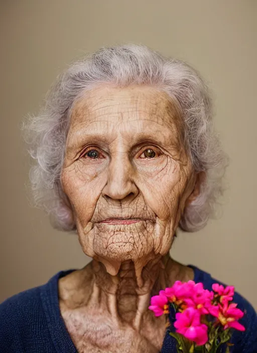 Prompt: portrait of a 9 4 year old woman, symmetrical face, flowers in her hair, she has the beautiful calm face of her mother, slightly smiling, ambient light