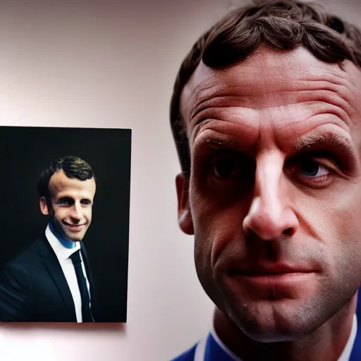 Image similar to close up portrait Emmanuel Macron after boxing, brew punch knock blood, photography polaroid photorealism, grainy image