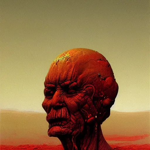 Image similar to Angry Gold Prospector portrait, dark fantasy, red and gold, artstation, painted by Zdzisław Beksiński and Wayne Barlowe