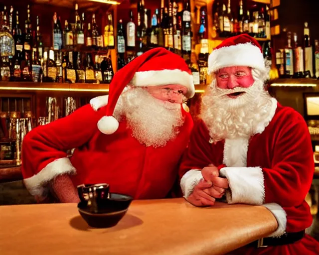 Image similar to santa claus chatting with socrates in a bar, professional photography, nighttime, noir photo, colors, golden lights, calm feeling