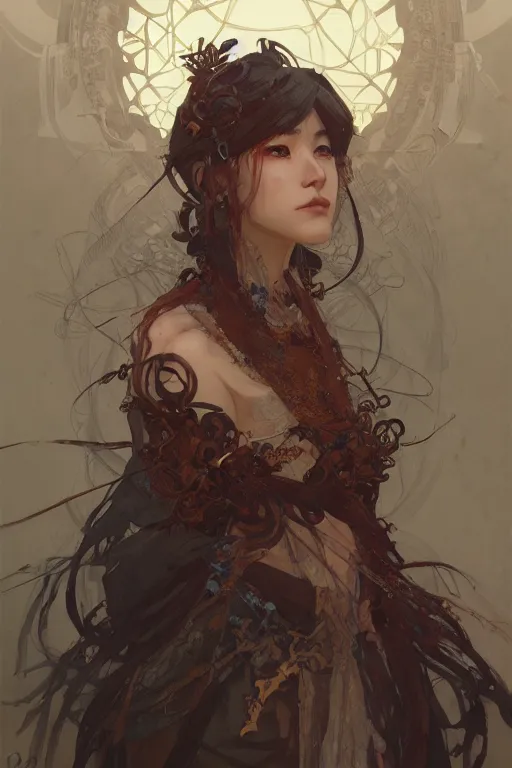 Image similar to A full portrait of a beautiful terrible dystopian junktown Japanese necromancer sorcerer enchanter, intricate, elegant, highly detailed, digital painting, artstation, concept art, smooth, sharp focus, illustration, art by Krenz Cushart and Artem Demura and alphonse mucha