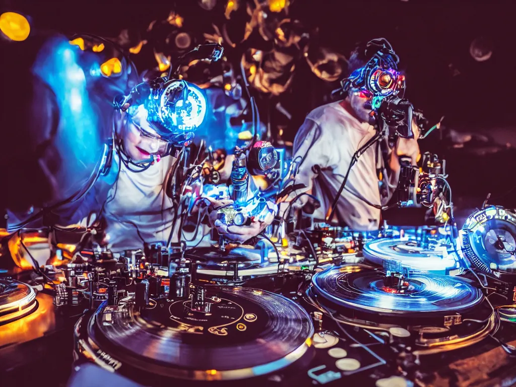 Image similar to a person wearing goggles and visor and headphones using a steampunk record player contraption, wires and tubes, turntablism dj scratching, intricate planetary gears, cinematic, imax, sharp focus, leds, bokeh, iridescent, black light, fog machine, hazy, lasers