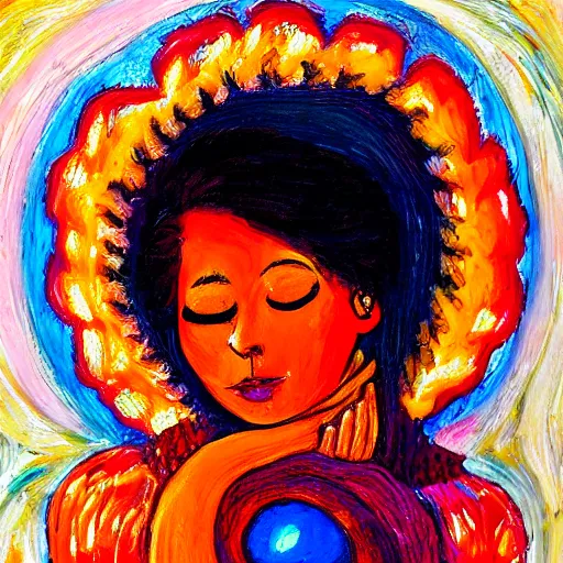 Prompt: beautiful woman cradling her child made of colorful fire by salome tatladze, elegant, colorful, loving