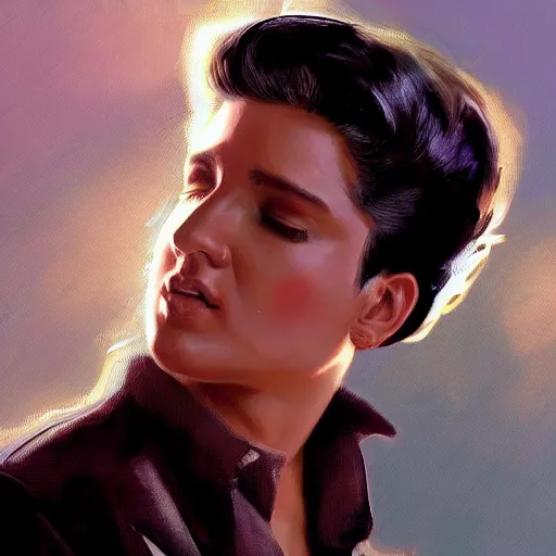 Image similar to young elvis presley dressed in 2 0 2 2, modern clothing, nashville, tennessee, portrait, highly detailed, digital painting, artstation, concept art, sharp focus, illustration, cinematic lighting, art by artgerm and greg rutkowski and alphonse mucha