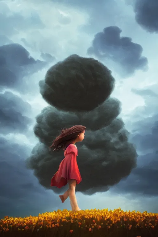 Image similar to closeup perspective, giant dahlia flower as head, girl standing on mountain, surreal photography, blue storm clouds, dramatic light, impressionist painting, digital painting, artstation, simon stalenhag