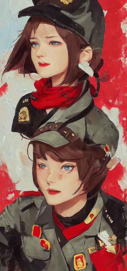 Image similar to oil paining of twentytwo year old female character with ( ( ( cat ears ) ) ) wearing soviet era uniform, wearing a tshirt with a face of karl marx on it, in the style of krenz cushart