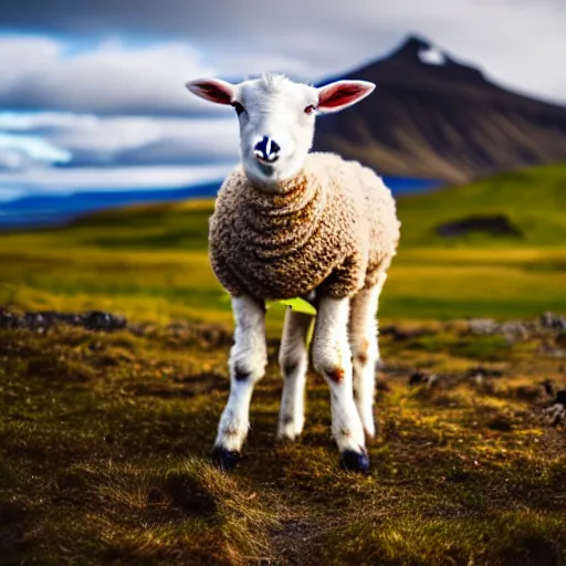 Prompt: a lamb standing on 2 legs wearing a sweater staring at the camera, bokeh, iceland hills in the background