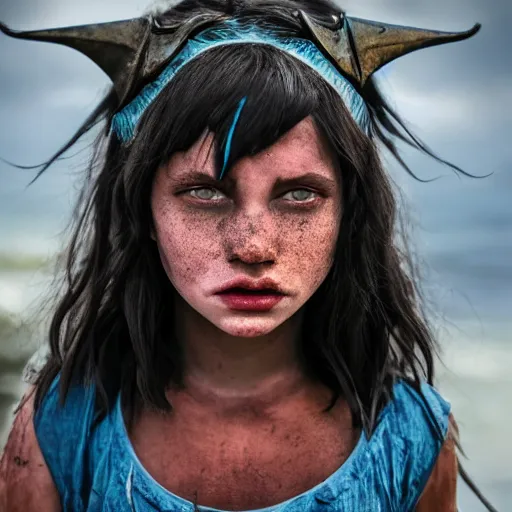 Image similar to a little blue-skinned girl with messy black hair sharp pointed ears freckles along the ridges of her cheeks and sharp pointy teeth, dnd triton, high resolution film still, 4k, HDR colors