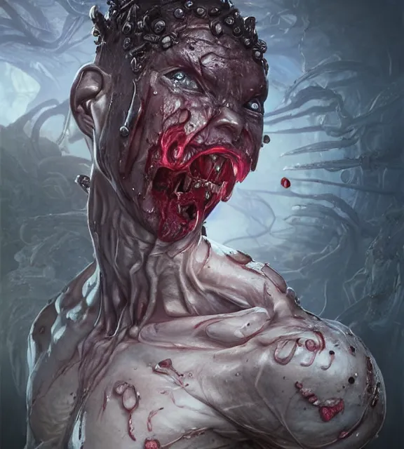 Image similar to portrait of a bloodied ornate filigreed slime dripping genderless insect alien monster, muscles, rippling, space warping and twisting, ultra realistic, concept art, intricate details, eerie, highly detailed, photorealistic, octane render, 8 k, unreal engine. art by artgerm and greg rutkowski and alphonse mucha