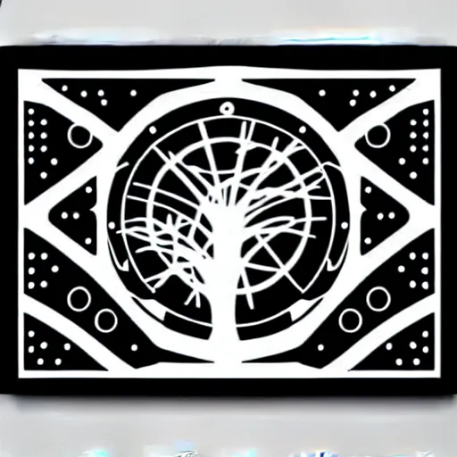 Image similar to black and white sci fi luxury themed svg vector art panel for cnc plasma, laser, stencil, unique art nouveau deco hole through circuit cedar tree forest design