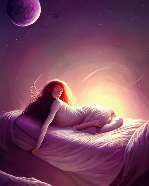 Image similar to beautiful painting of a elven sleeping on her bed, poster art by mor than, cgsociety, space art, sci - fi, cosmic horror, sense of awe, art by mike winkelmann, sky night, illustration, highly detailed, simple, smooth and clean vector curves, no jagged lines, vector art, smooth, artstation