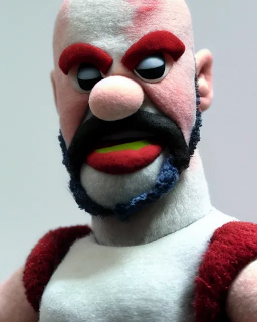 Image similar to kratos as a muppet. highly detailed felt. hyper real photo. 4 k.