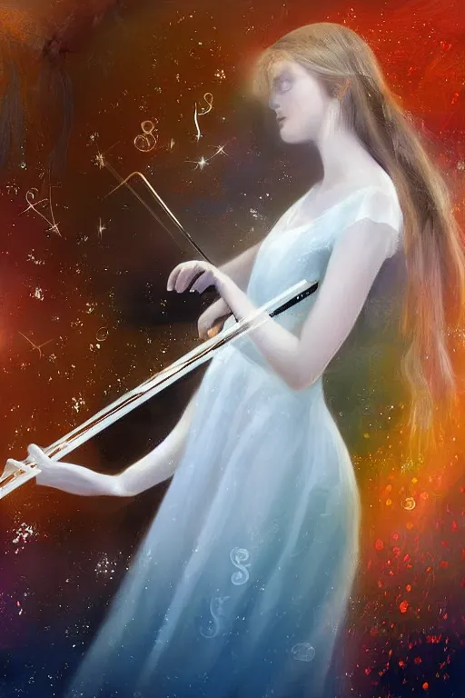 Image similar to beautiful mystical digital painting girl playing a violin wearing a long white dress over a wavy ocean by argerm