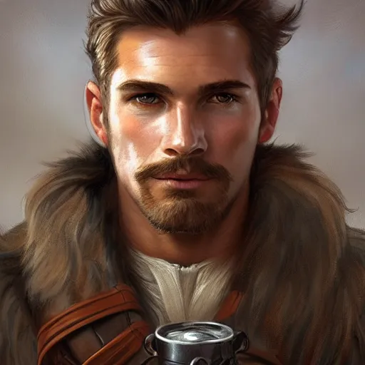 Prompt: portrait of a young, ruggedly handsome scout, soft hair, muscular, half body, leather, hairy, d & d, fantasy, intricate, elegant, highly detailed, digital painting, artstation, concept art, smooth, sharp focus, illustration, art by artgerm and greg rutkowski and alphonse mucha