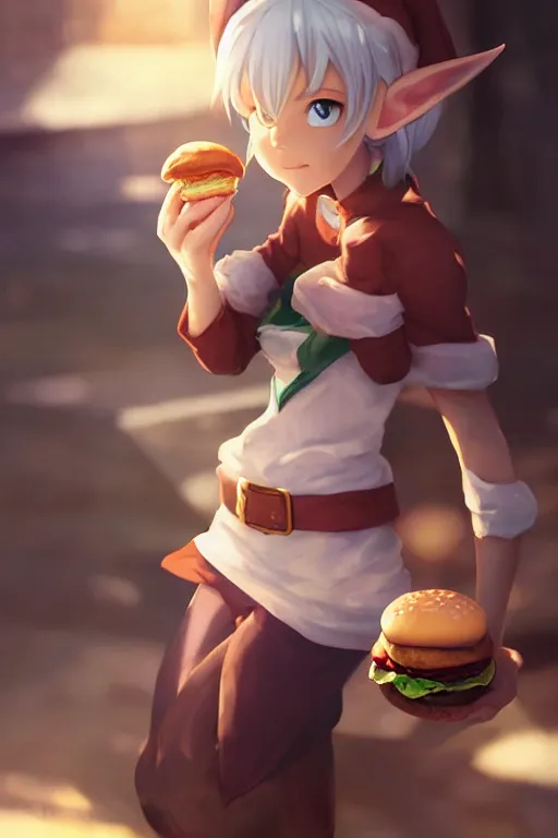 Prompt: adorable elf girl holding a burger, single subject, medium shot, ambient lighting, white hair, detailed face, by makoto shinkai, stanley artgerm lau, wlop, rossdraws