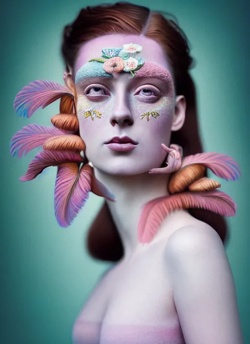 Prompt: Kodak Portra 400, 8K, soft light, volumetric lighting, highly detailed, fine art portrait photography in style of Flora Borsi, britt marling style 3/4 face morphing with pastel colors tropical fishes, metamorphosis complex 3d render , 150 mm lens, art nouveau fashion embroidered, intricate details, elegant, hyper realistic, ultra detailed, octane render, etheric, outworldly colours, emotionally evoking, head in focus, fantasy, ornamental, intricate, elegant, 8K, soft light, volumetric lighting, highly detailed, Refined, Highly Detailed, soft lighting colors scheme, fine art photography, Hyper realistic, photo realistic