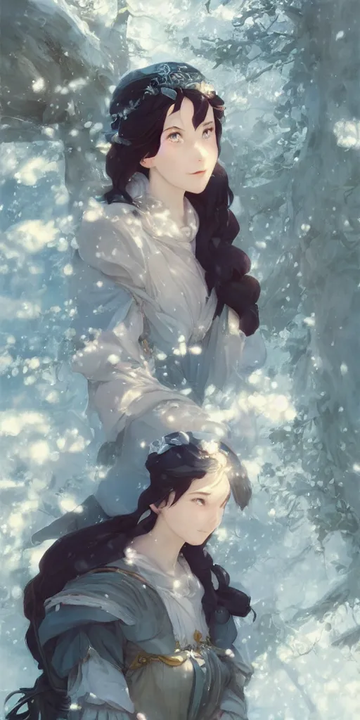 Image similar to still from snow white if made by krenz cushart and wenjun lin, portrait, illustration, rim light, top light, summer clear blue sky, perfectly shaded, soft painting, epic, intricate, art