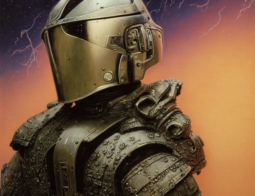 Image similar to a detailed portrait painting of a bounty hunter in combat armour and visor. cinematic sci-fi poster. Flight suit and wires, accurate anatomy. Samurai influence, fencing armour. portrait symmetrical and science fiction theme with lightning, aurora lighting. clouds and stars. Futurism by beksinski carl spitzweg moebius and tuomas korpi. baroque elements. baroque element. intricate artwork by caravaggio. Oil painting. Trending on artstation. 8k