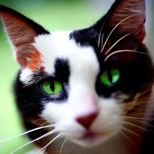 Prompt: photograph of a calico cat looking lovingly at the camera