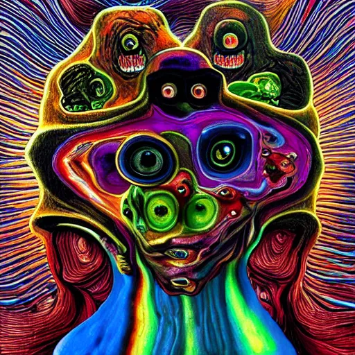 Prompt: the deformed and terrifying monster of the fusion between art and science, faces, looks and colors mix in its strange body, bizarre surreal cosmic psychedelic horror