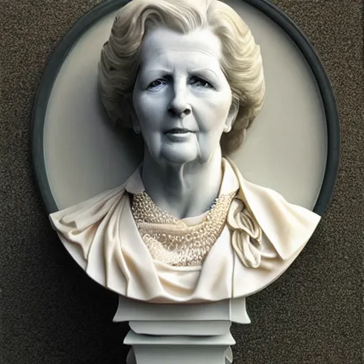 Image similar to beautiful lifelike award winning marble statue bust of margaret thatcher trending on art station artgerm greg rutkowski alphonse mucha museum quality cinematic atmospheric