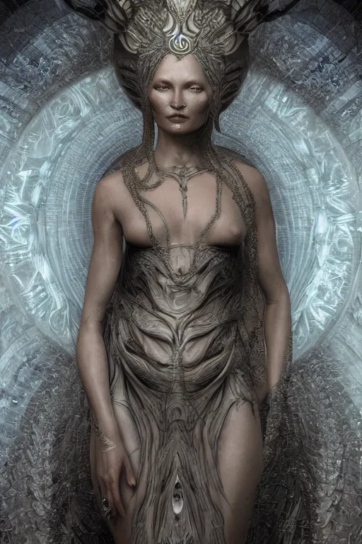 Image similar to a realistic moody photo of a beautiful ancient alien woman goddess kate moss durga standing in iris van herpen dress jewelery and fractals in style of alphonse mucha art nuvo dmt trending on artstation made in unreal engine 4