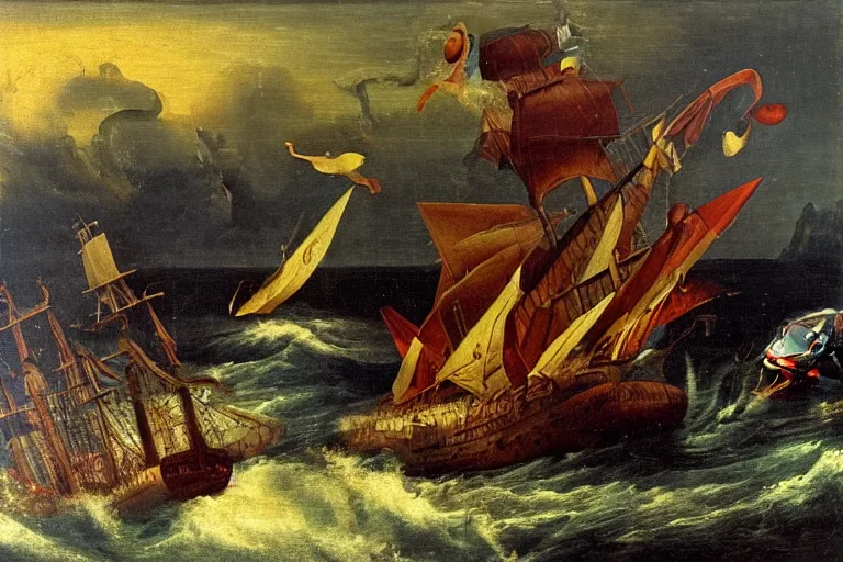 Image similar to A sea monster attacks a ship, Hans Savery the Elder (1626), oil on canvas, detailed brushstrokes