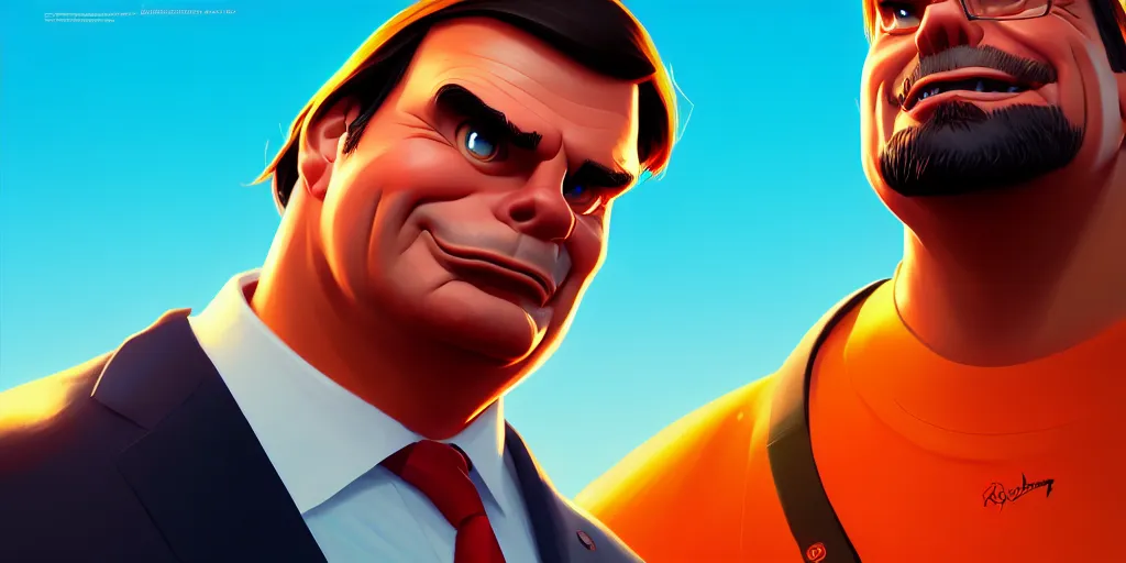 Image similar to low angle portrait of the president Bolsonaro, tepainting concept Blizzard pixar maya engine on stylized background splash comics global illumination lighting artstation lois van baarle, ilya kuvshinov, rossdraws