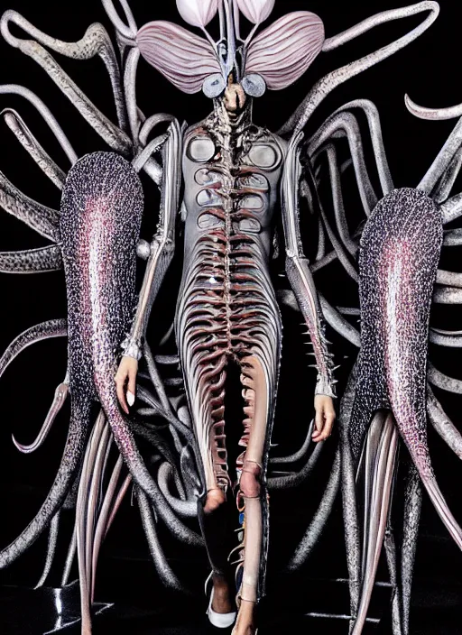 Image similar to walking down the catwalk, ben watts, show, stage, vogue photo, podium, fashion show photo, iris van herpen, beautiful woman, full body shot, helmet on face, masterpiece, plant predator, giger, guyver, jellyfish, biomechanical details, movie still, fauvism, cinestill, bokeh, gelios lens